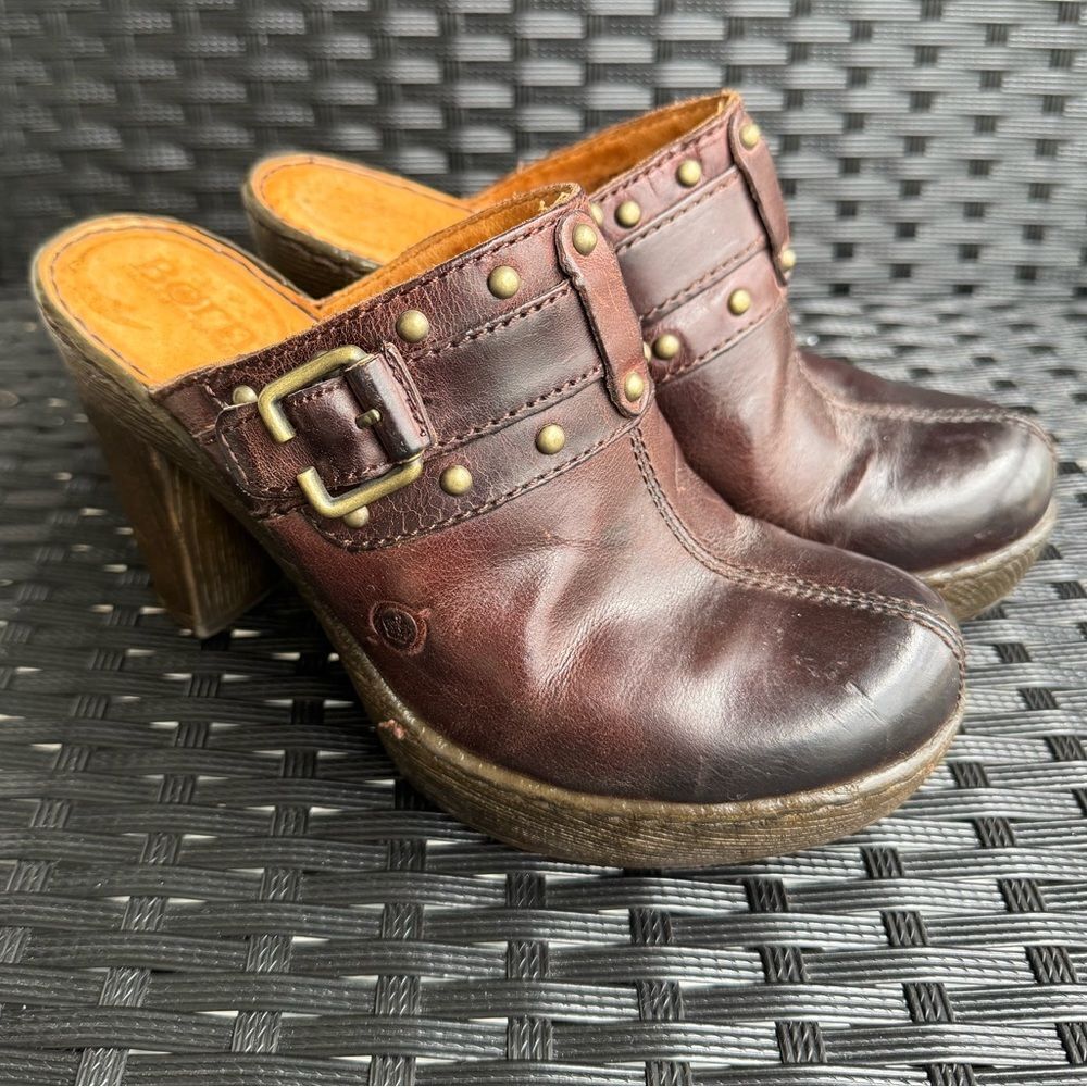 Born Clogs Mules Leather Womens 6 (36.5) Slip On Brown‎ High Chunky Heel Buckle